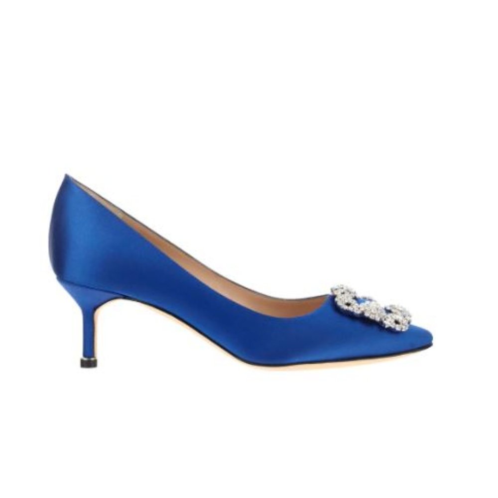 Manolo Blahnik Hangisi blue satin jewel buckle pumps (2.5in) - NEW